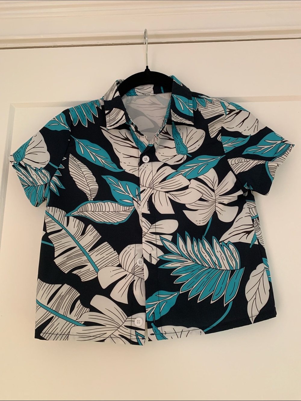 Kids Tropical Leaf Print Button-Up Shirt — Teal & Navy